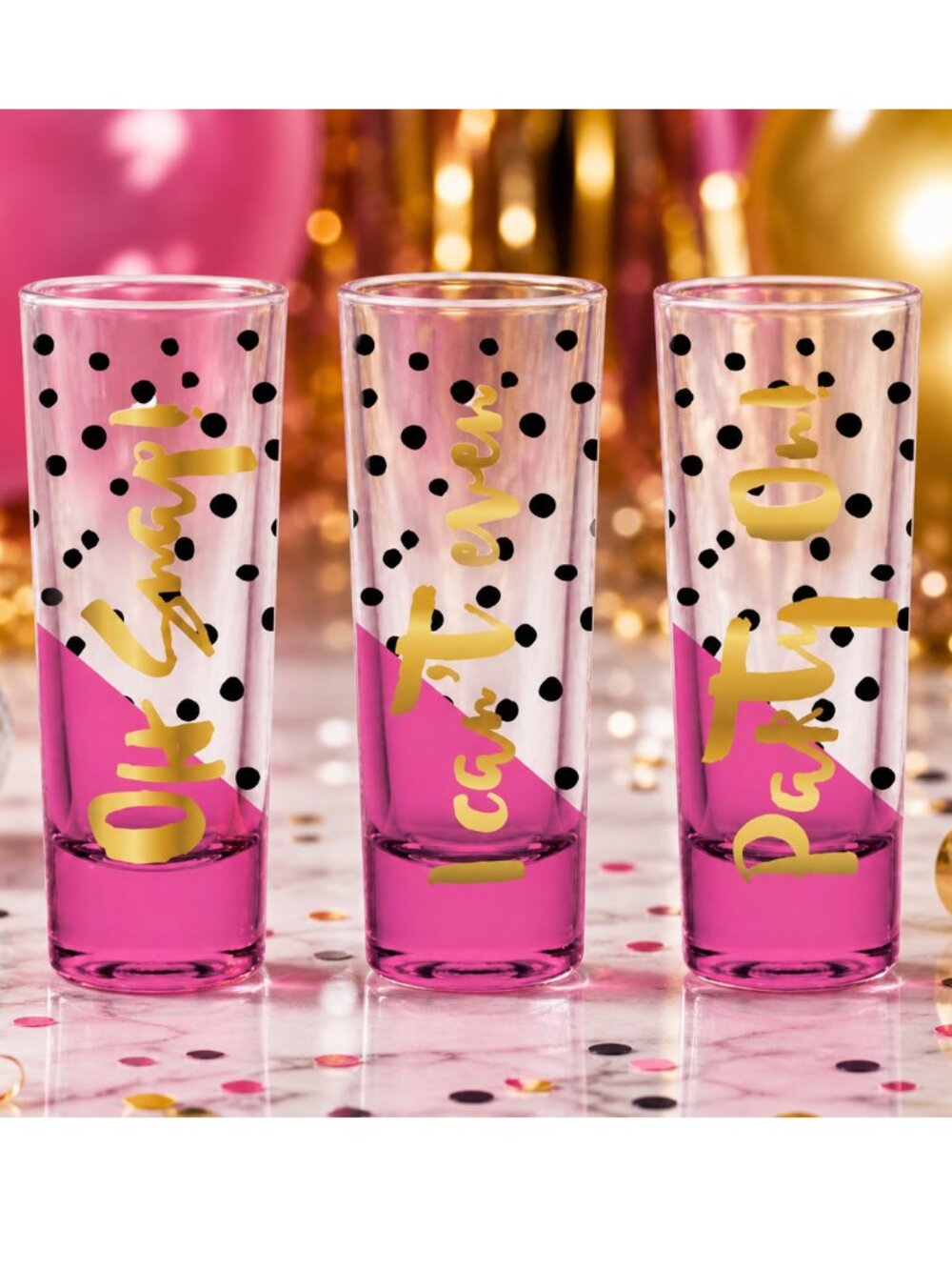 Oh Snap, I Can't Even, Party On - Set of 3 Gold & Pink Fun Shot Glasses